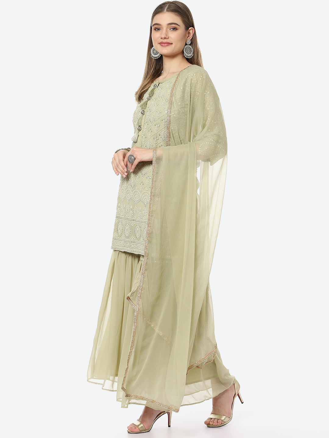 Resham Jaal Georgette Kurta With Garara &amp; Chiffon Dupatta