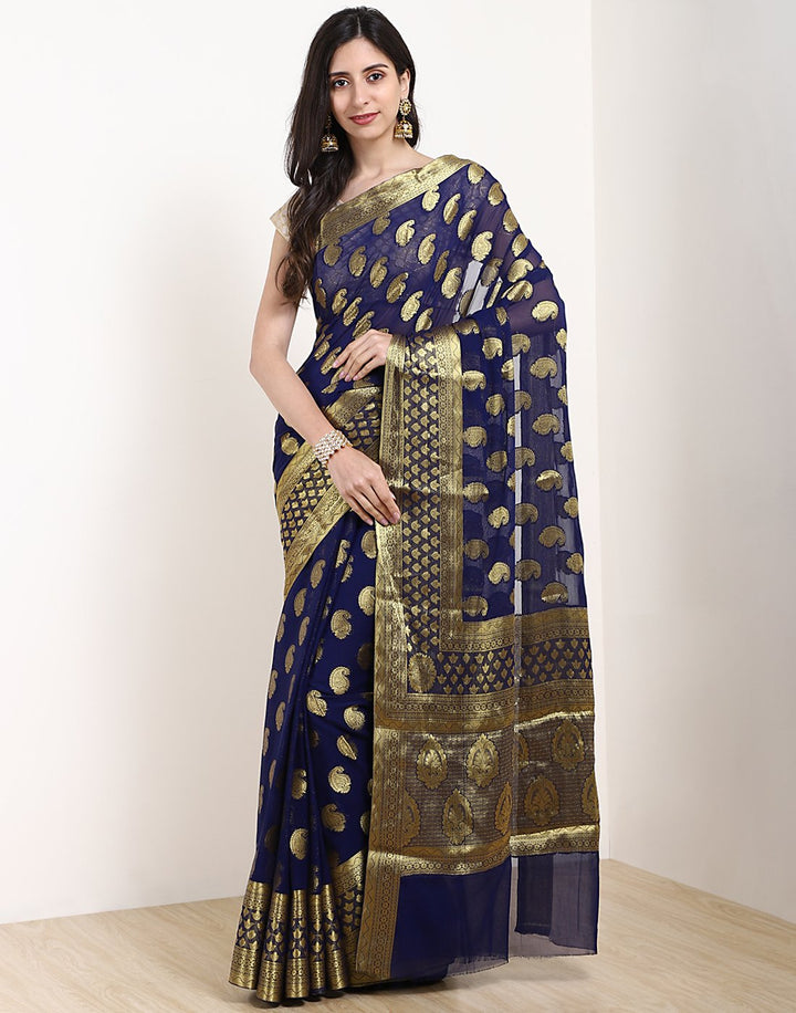Navy Blue Art Chiffon Saree