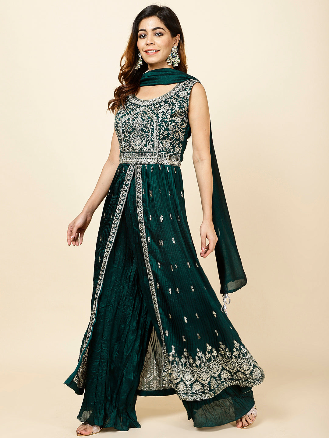 Zari Embroidered Handloom Kurta With Palazzo &amp; Dupatta
