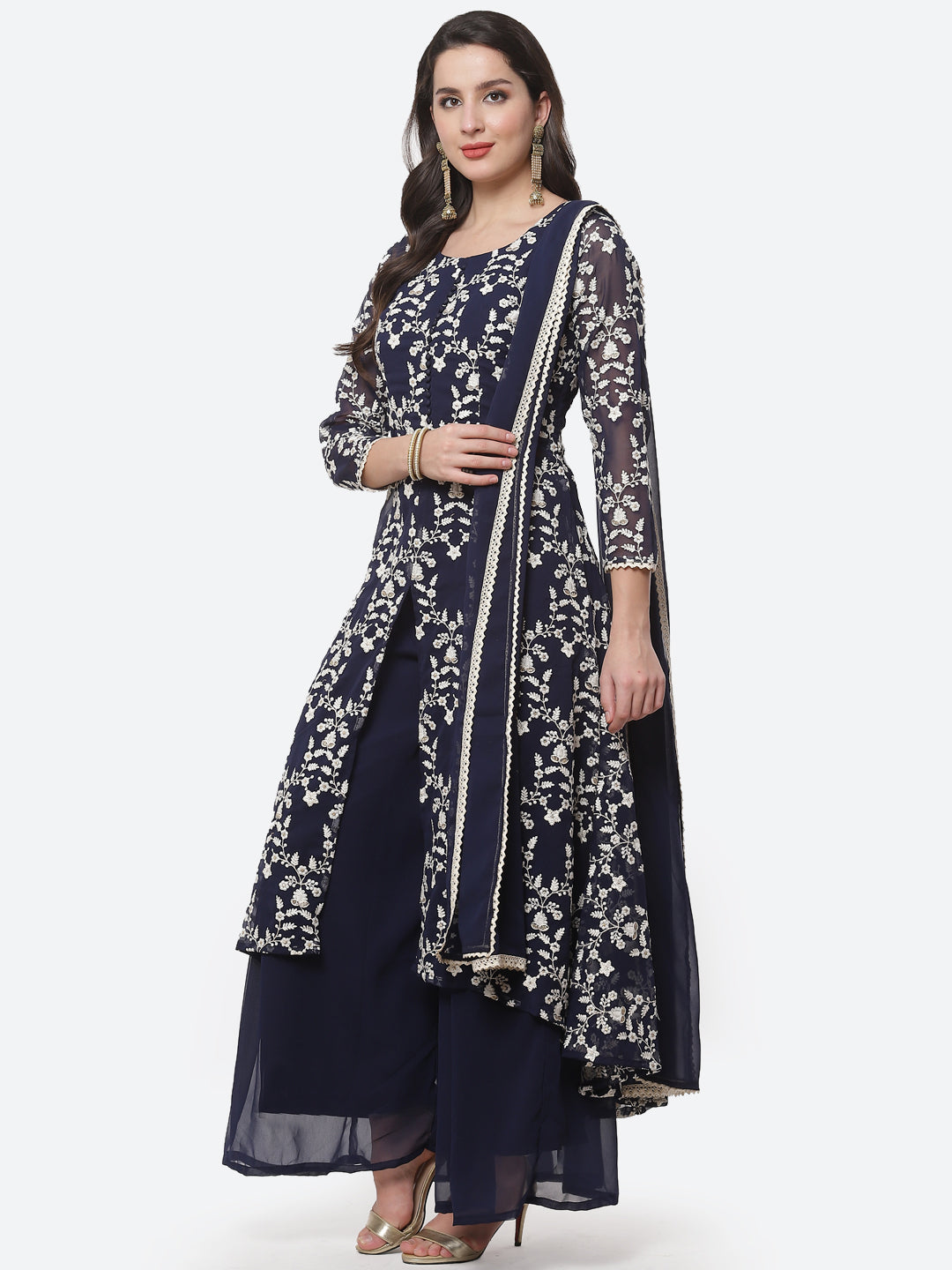 Resham Jaal Embroidered Georgette Kurta With Palazzo &amp; Dupatta