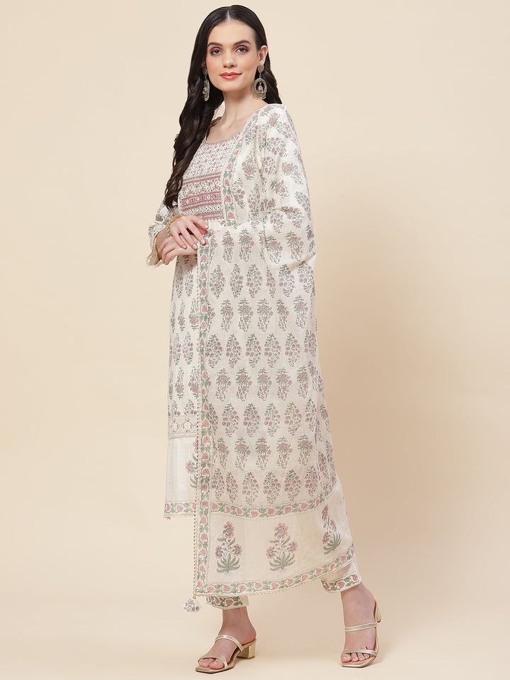 Floral Printed Cotton Kurta With Pants &amp; Dupatta