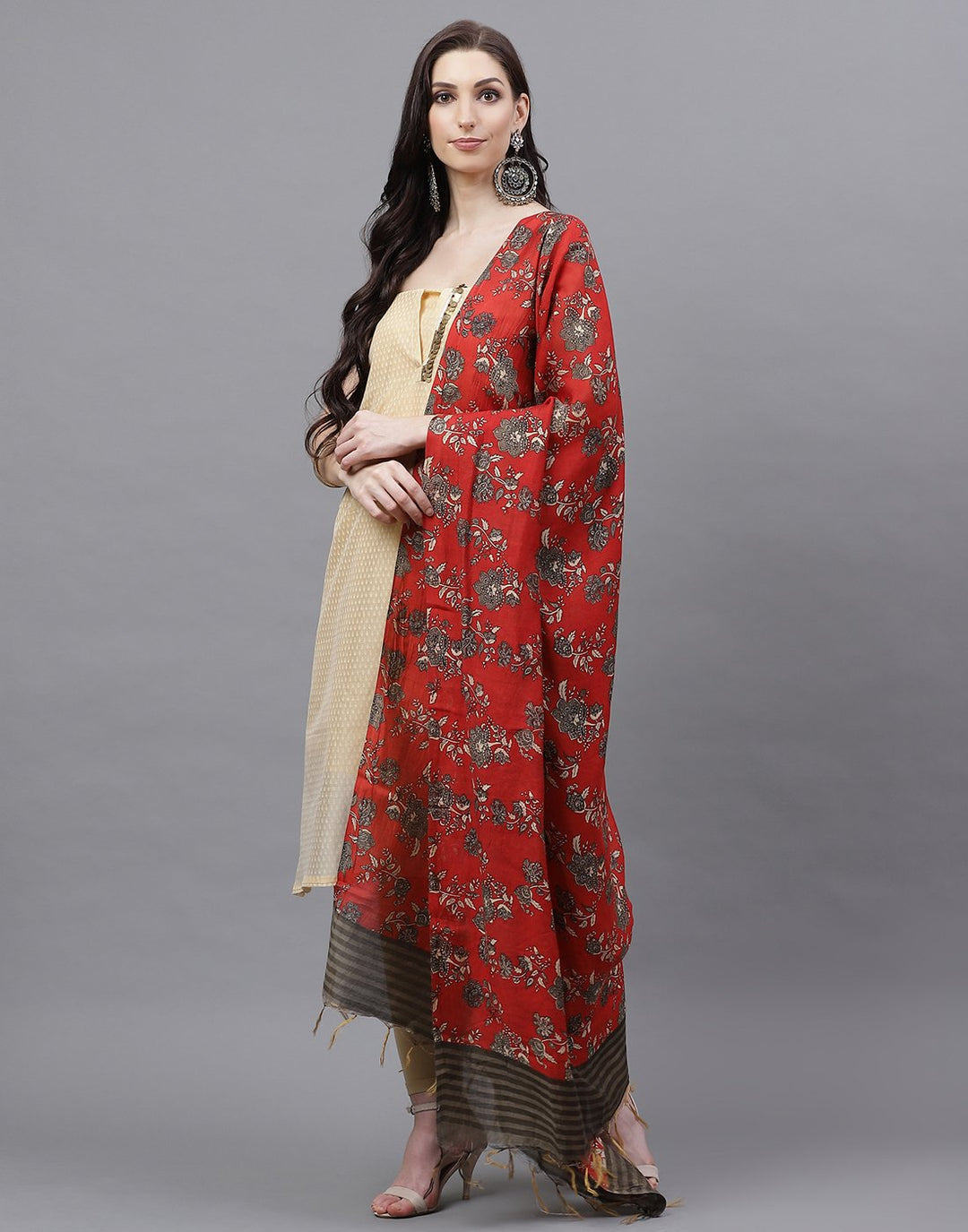 Embroidered Cotton Chanderi Suit Piece With Chanderi Printed Dupatta