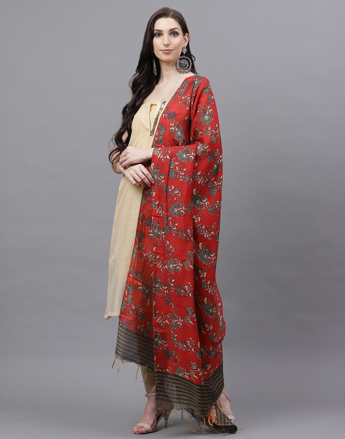 Embroidered Cotton Chanderi Suit Piece With Chanderi Printed Dupatta