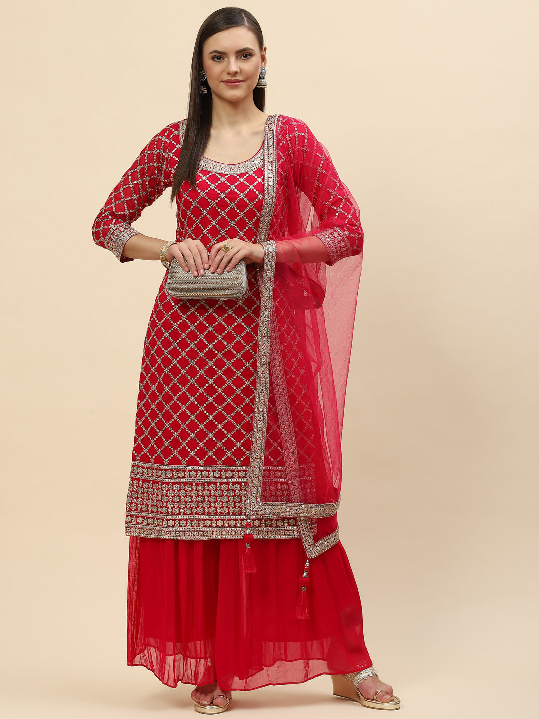 Zari Jaal Georgette Kurta With Palazzo &amp; Dupatta