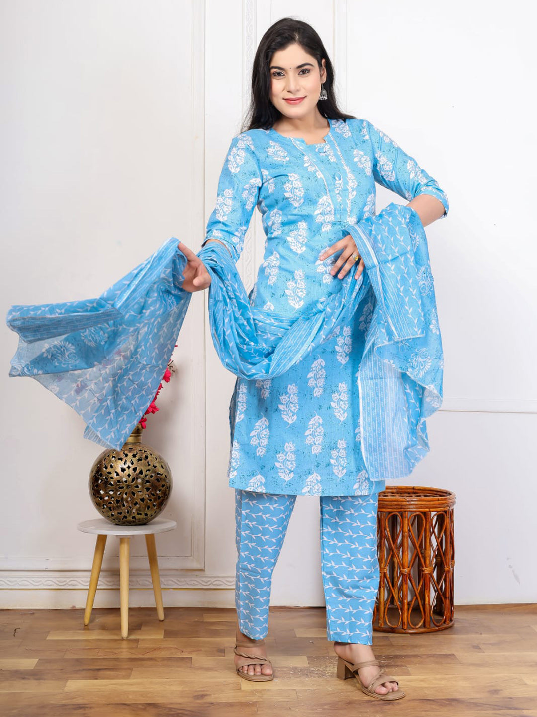 Embroidered Cotton Blend Kurta With Pant &amp; Dupatta