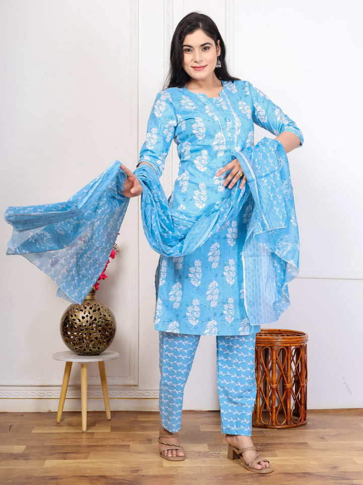 Embroidered Cotton Blend Kurta With Pant &amp; Dupatta
