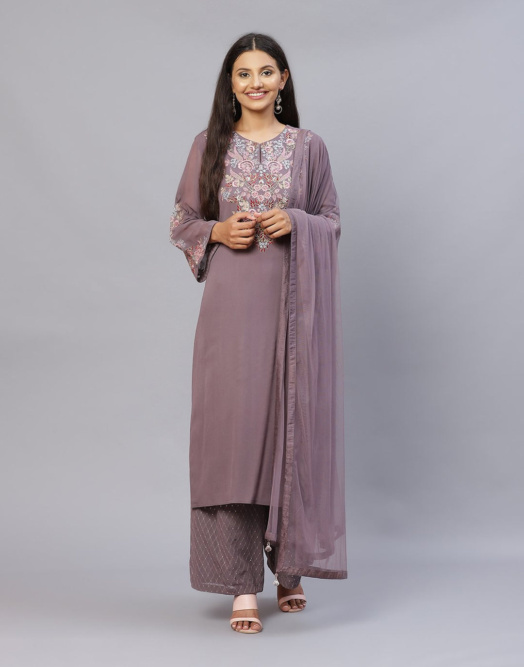 Embroidered Georgette Kurti Palazzo with Dupatta