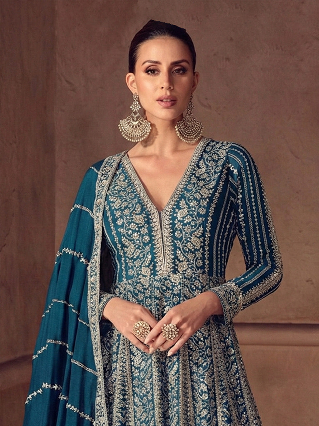 Embroidered Chinnon Silk A Line Dress With Dupatta