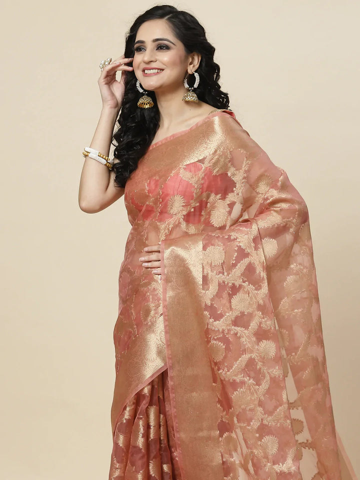 Floral Zari Jaal Organza Plain Saree