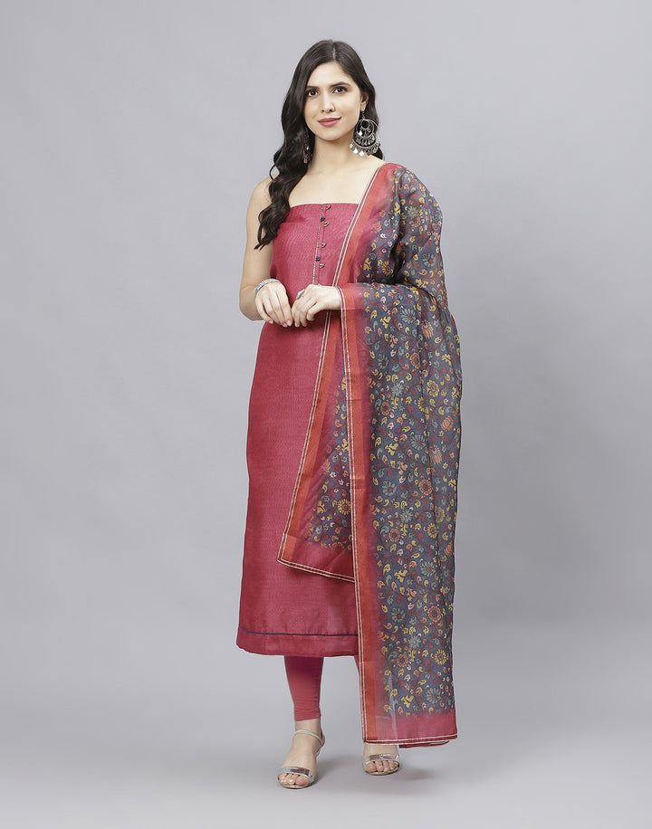 Embroidered Chanderi Suit Piece With Printed Chanderi Dupatta And Scarf