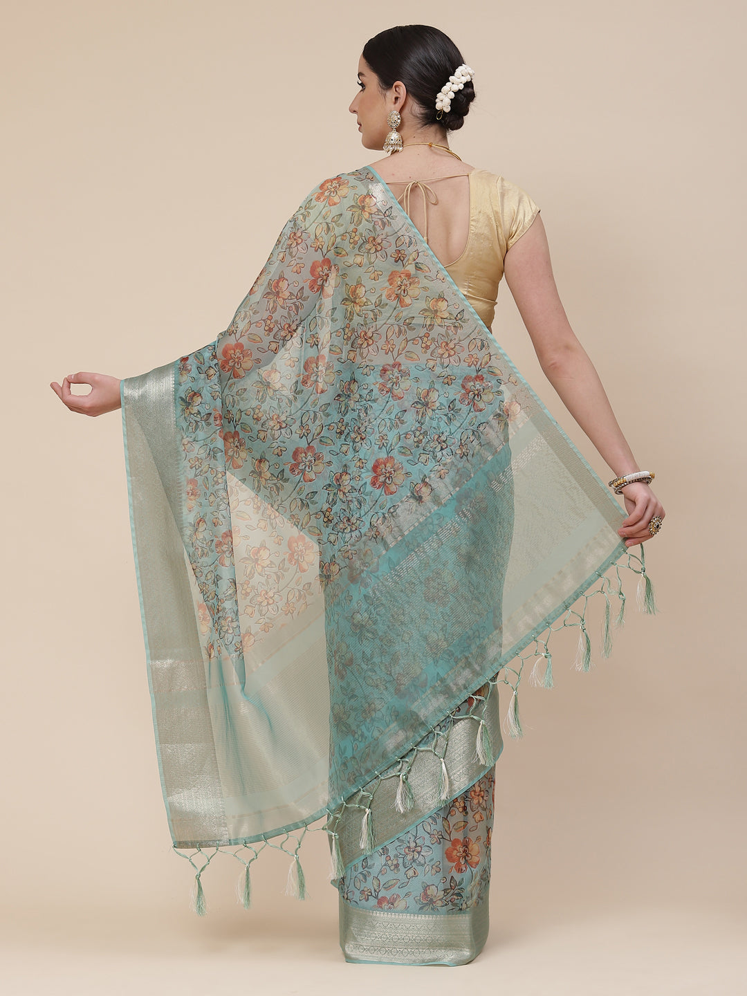 Floral Digital Printed Zari Border Organza Saree