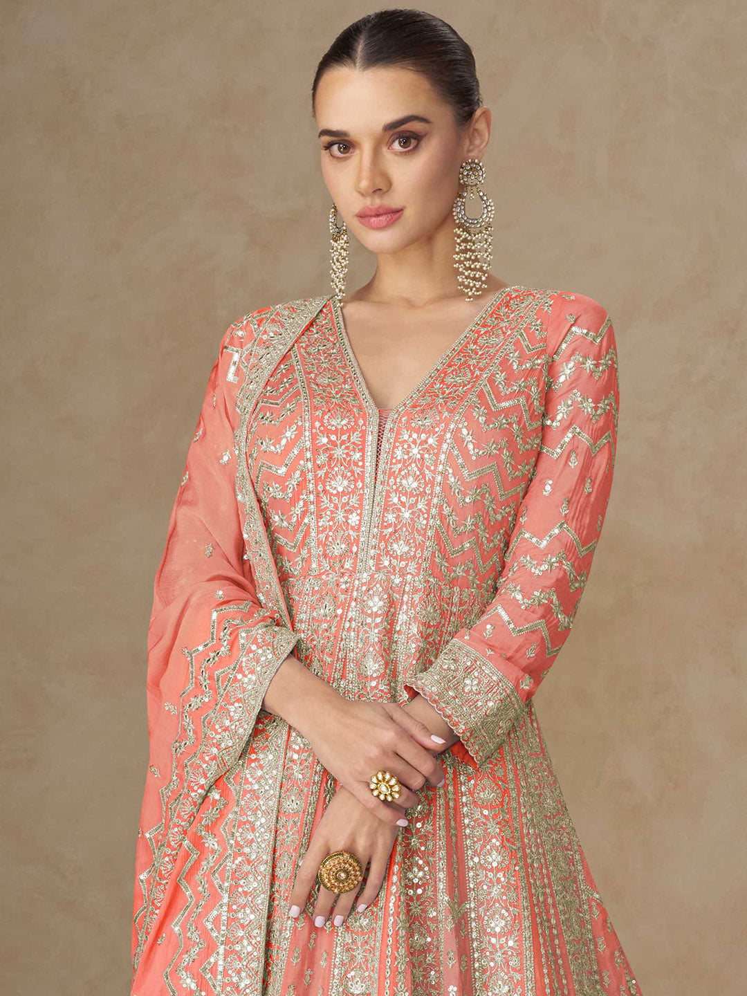 Embroidered Chinon Suit With Pant &amp; Dupatta
