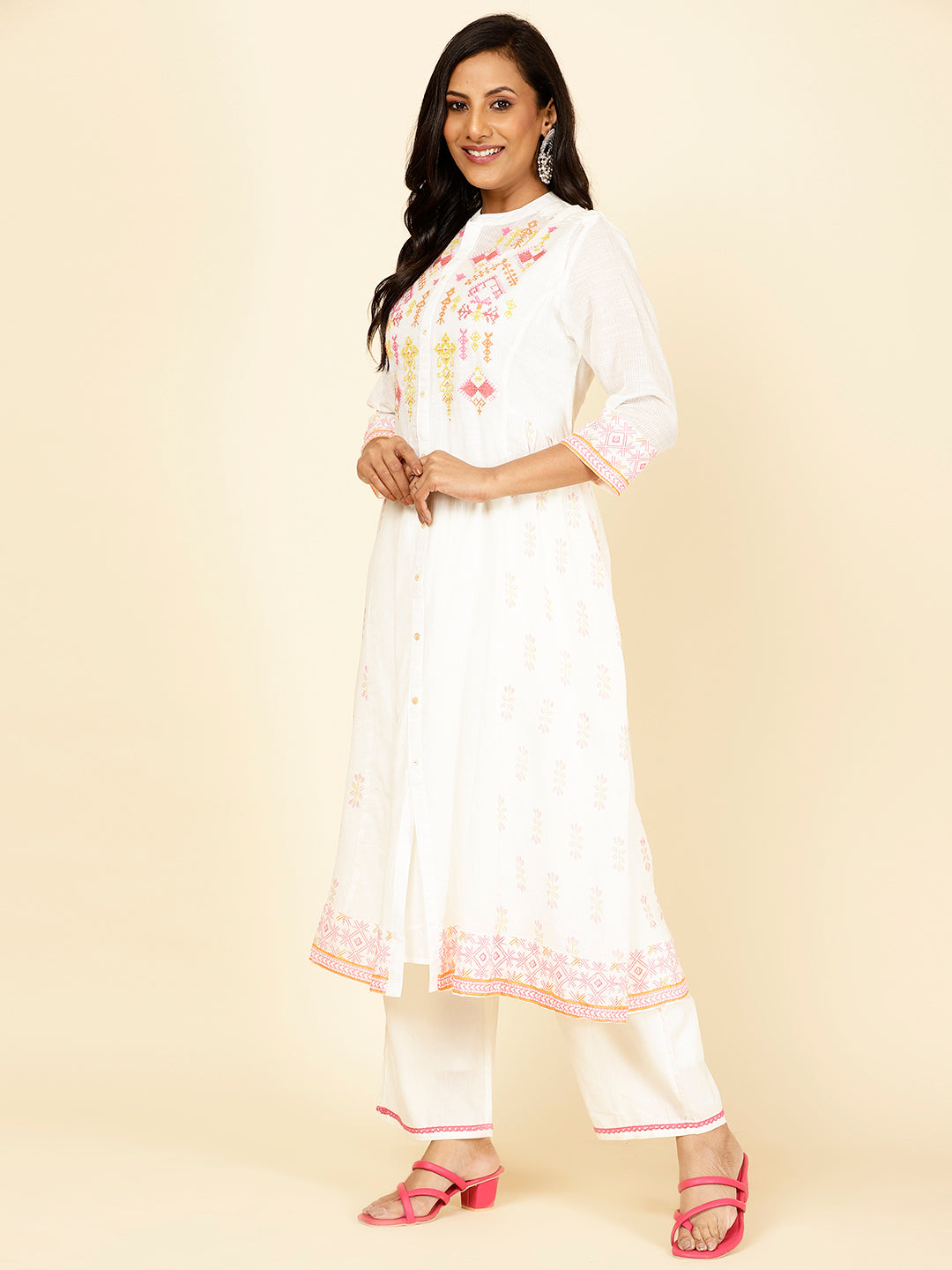 Neck Embroidered Cotton Kurta With Pants