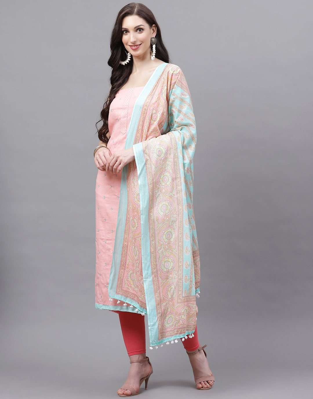 Cotton Embroidered Suit piece with printed dupatta