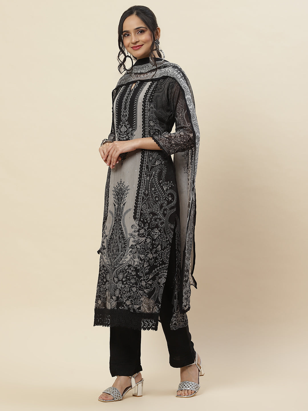 Printed Georgette Kurta With Pants &amp; Dupatta