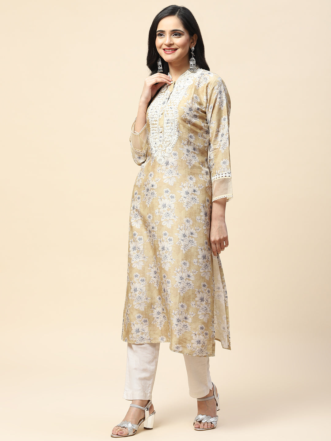 Printed With Resham Neck Embroidered Cotton Kurta