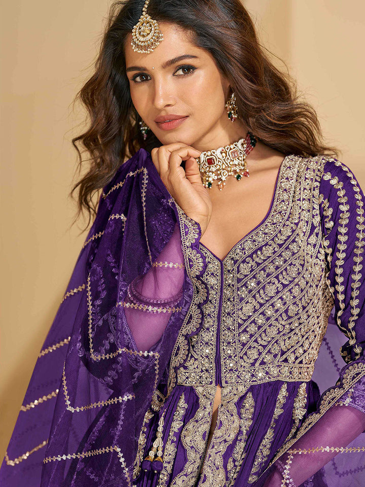 Embroidered Chinon Kurta With Plazzo &amp; Dupatta