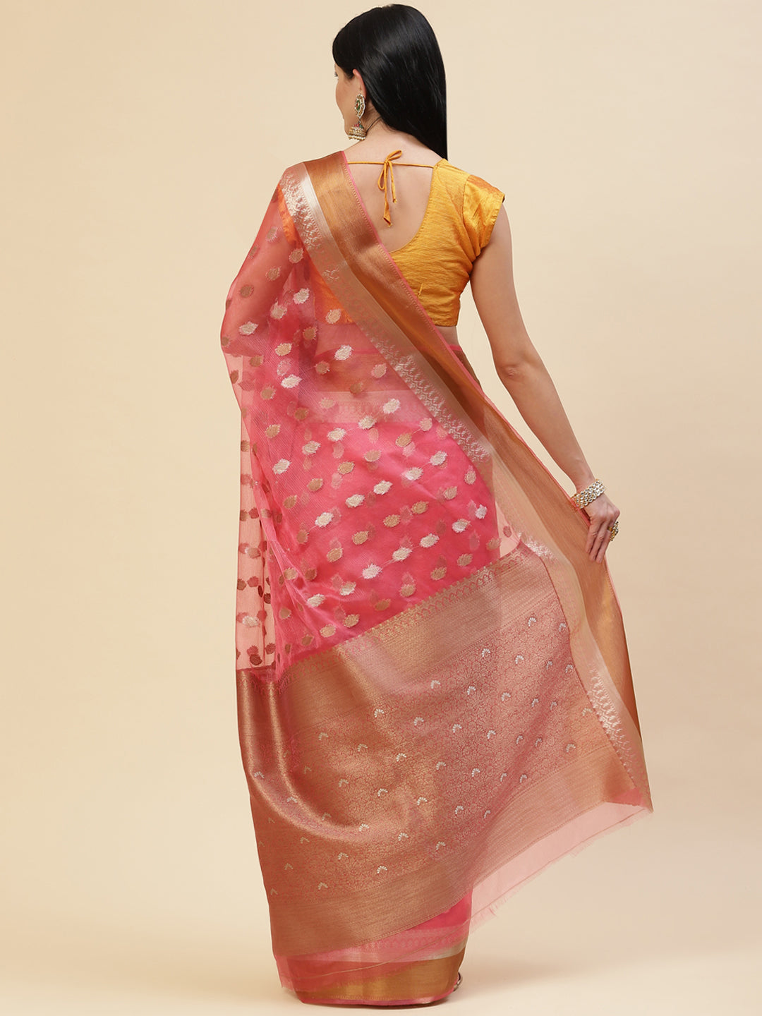 Antique Booti Organza Plain Saree