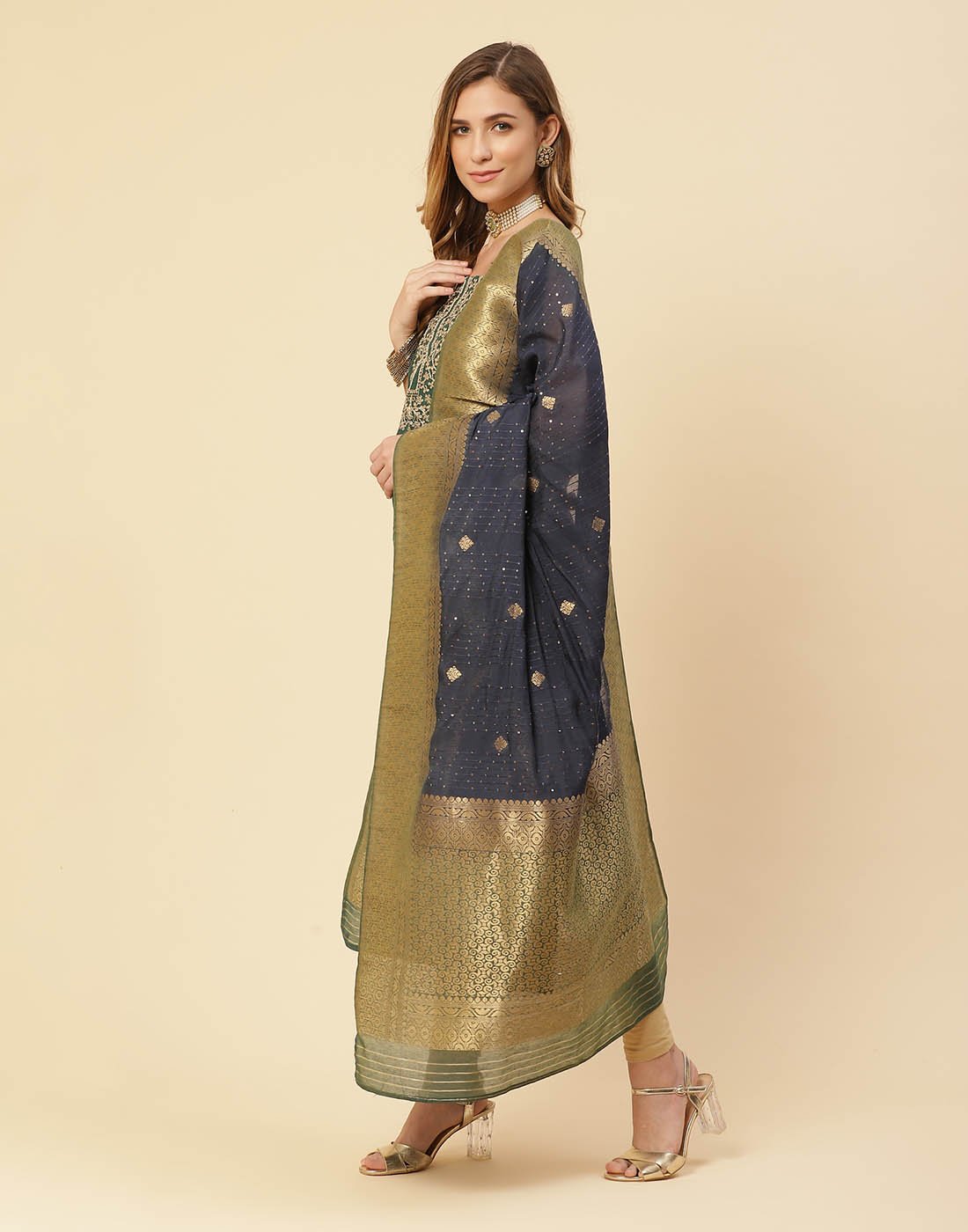 Embroidered Chanderi Suit Piece With Chanderi Banarasi Dupatta