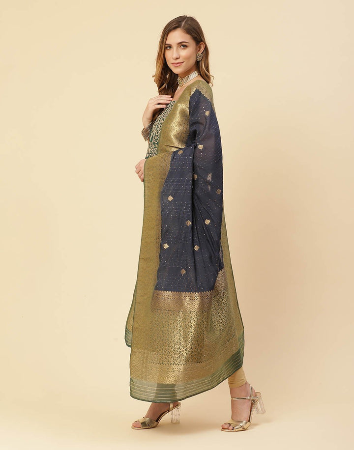 Embroidered Chanderi Suit Piece With Chanderi Banarasi Dupatta