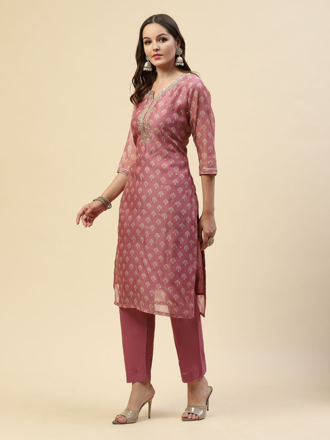 Neck Embroidered Chanderi Kurta With Pants