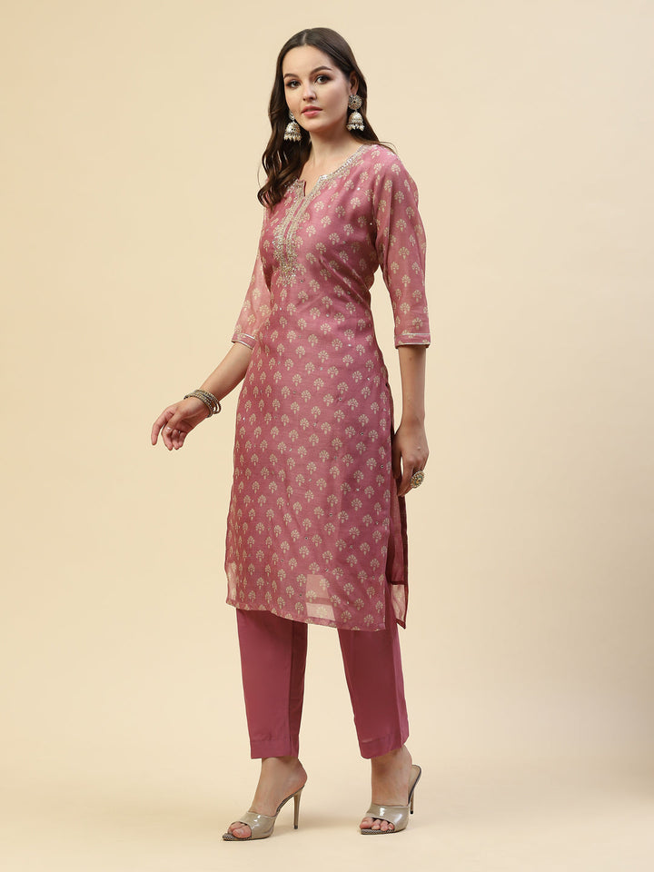 Neck Embroidered Chanderi Kurta With Pants