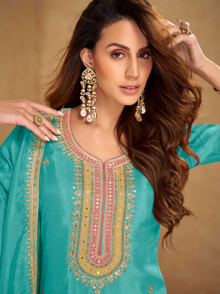 Embroidered Simmar Silk Kurta With Pant &amp; Dupatta