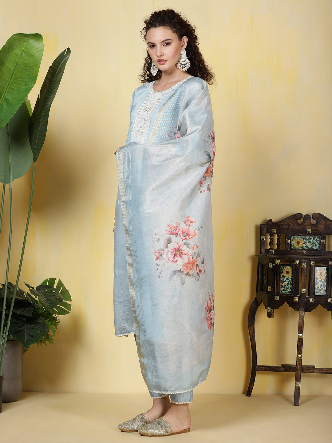 Neck Embroidered Cotton Blend Kurta With Pants &amp; Dupatta