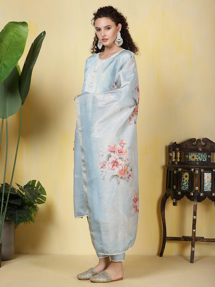 Neck Embroidered Cotton Blend Kurta With Pants &amp; Dupatta