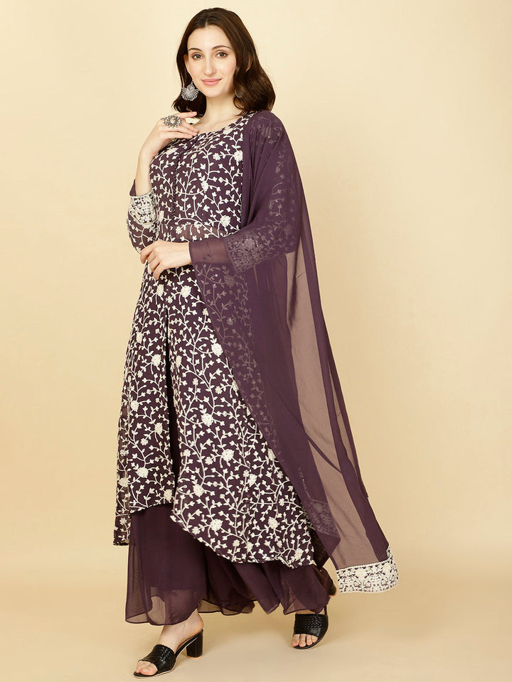 Resham Embroidery Georgette Kurta With Sharara &amp; Dupatta