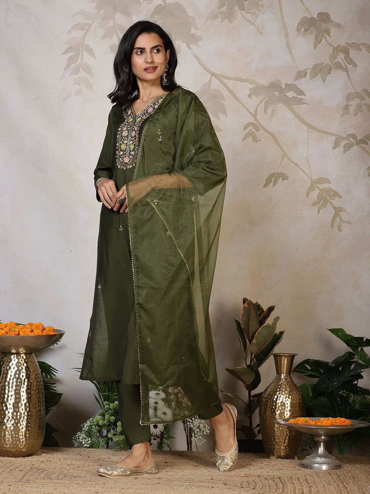 Embroidered Cotton Blend Kurta With Pants &amp; Dupatta