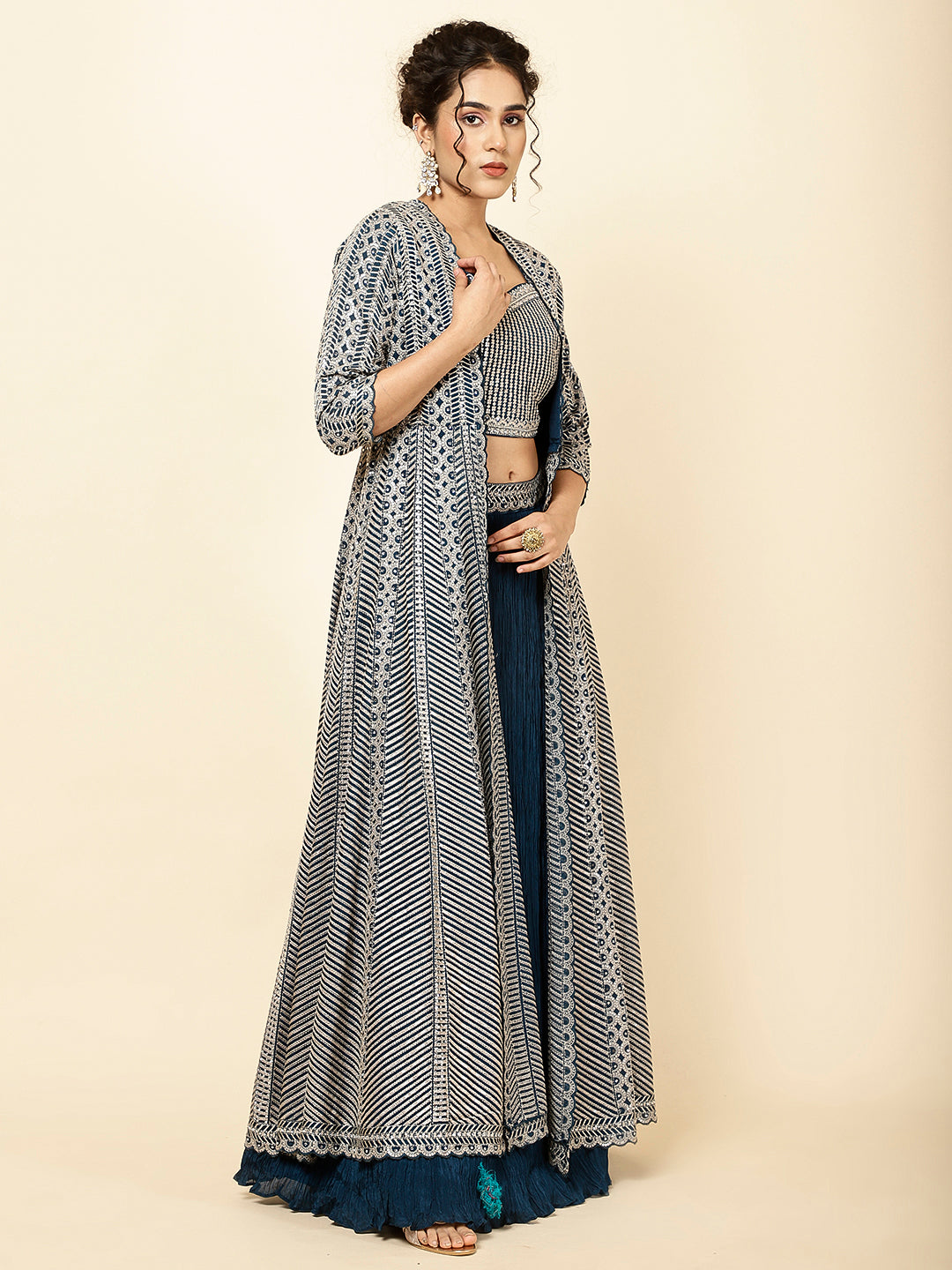 Sequin Embroidered Crepe Choli With Lehenga &amp; Jacket