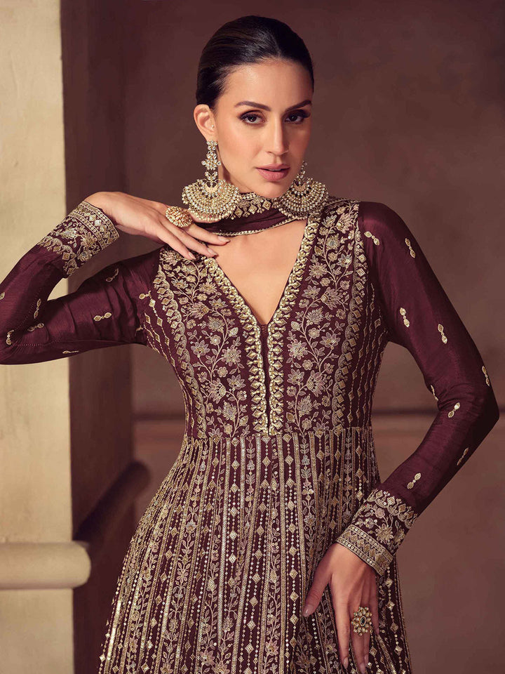 Embroidered Chinon Suit With Pant &amp; Dupatta