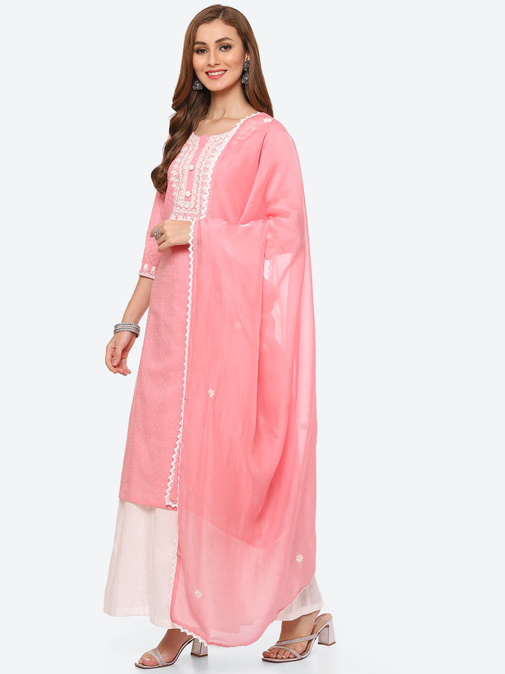 Resham Neck Embroidered Cotton Kurta With Sharara &amp; Dupatta