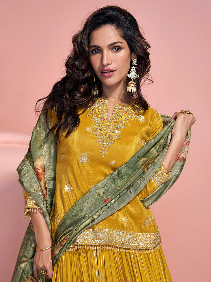 Embroidered Simar Silk Kurti With Sharara &amp; Dupatta