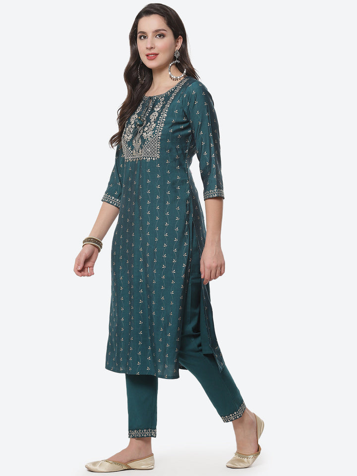 Embroidered Printed Cotton Kurta With Pant