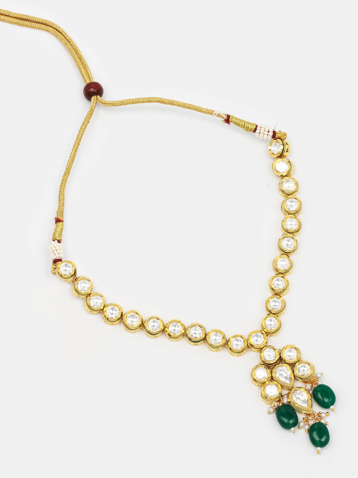 Golden &amp; Green Kundan Necklace Set With Earrings