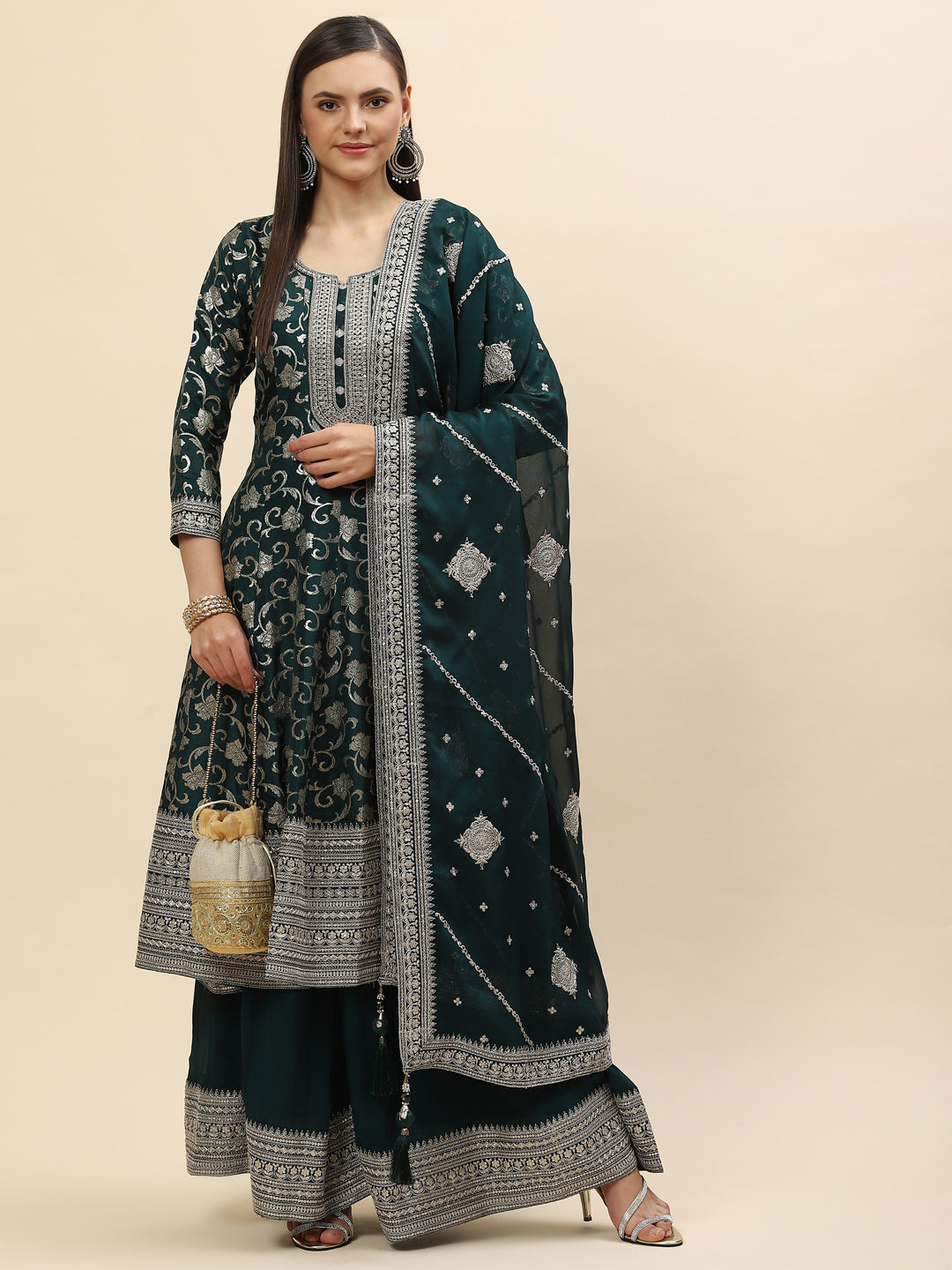 Resham Zari Embroidered Handloom Kurta With Palazzo &amp; Dupatta