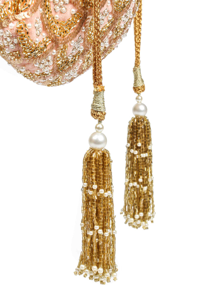 Golden Sequin &amp; Pearl Embroidered Potli Bag