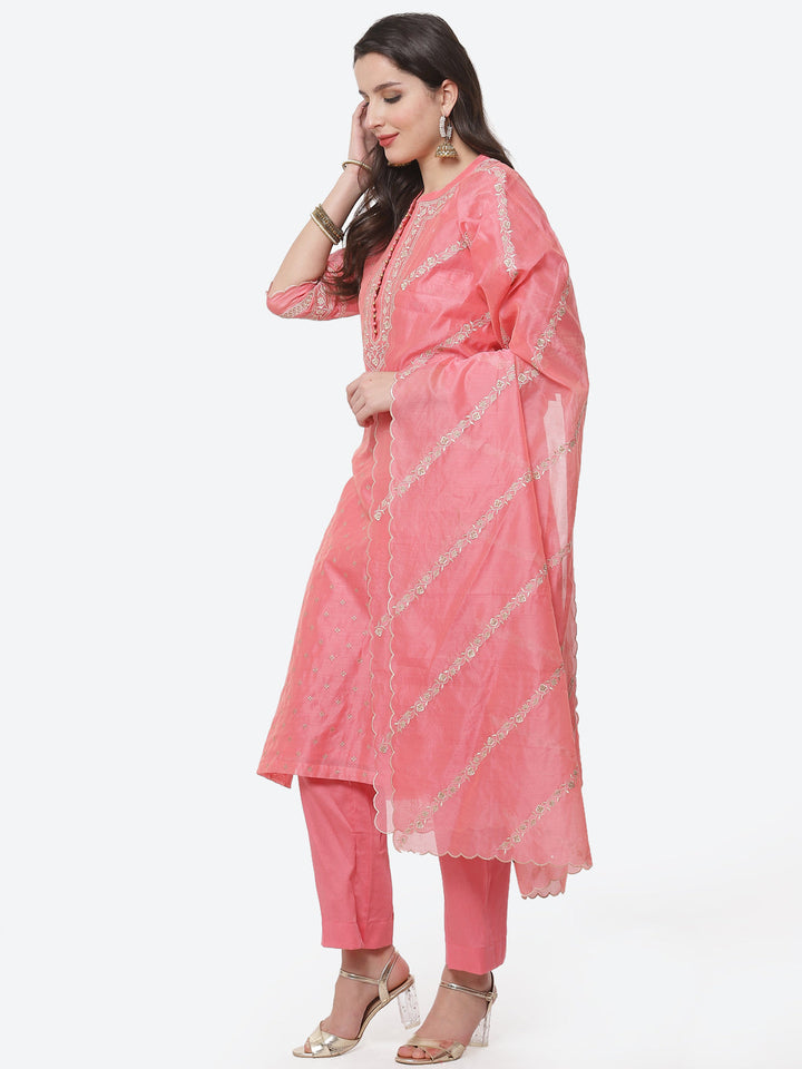 Resham Jaal Cotton Chanderi Stitched Salwar Kameez With Embroidered Dupatta