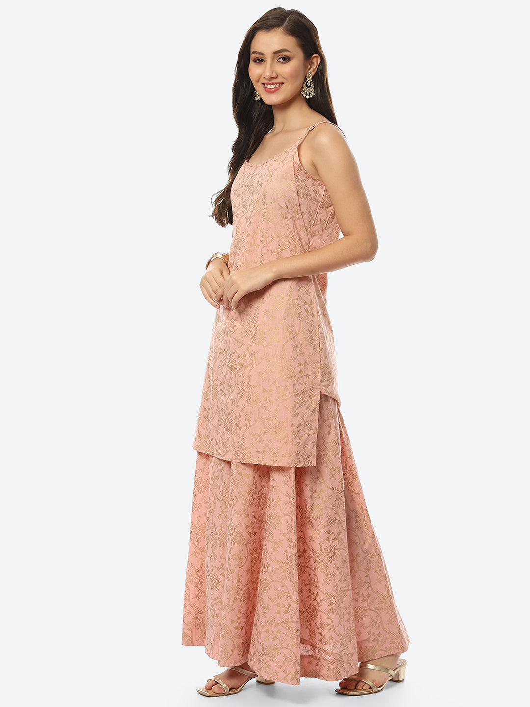Printed Chanderi Kurta With Skirt &amp; Jacket