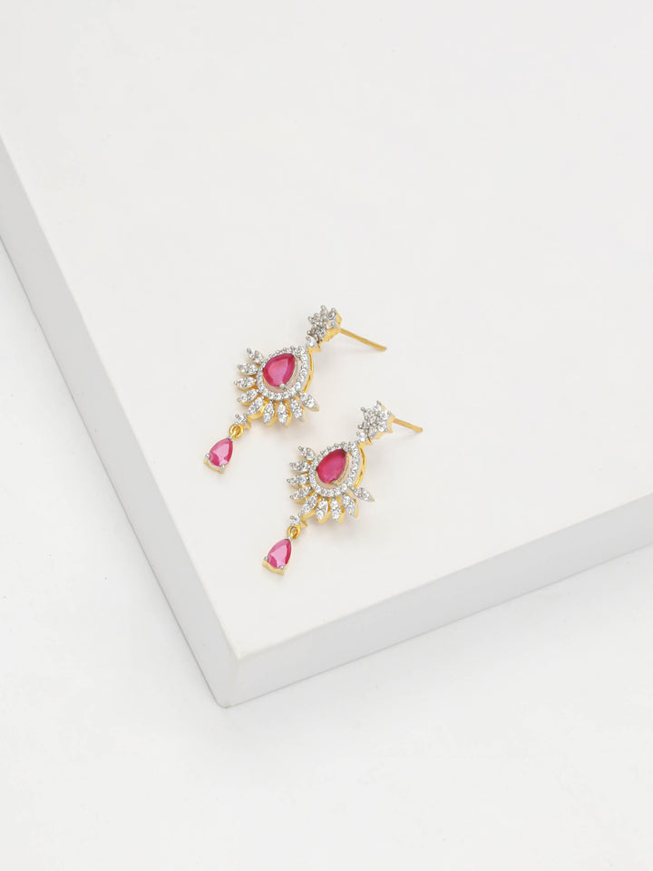Golden &amp; Pink AD Necklace With Earrings