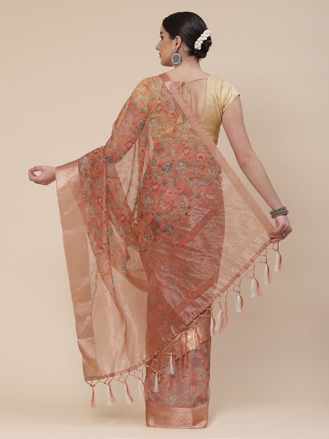 Floral Digital Printed Zari Border Organza Saree