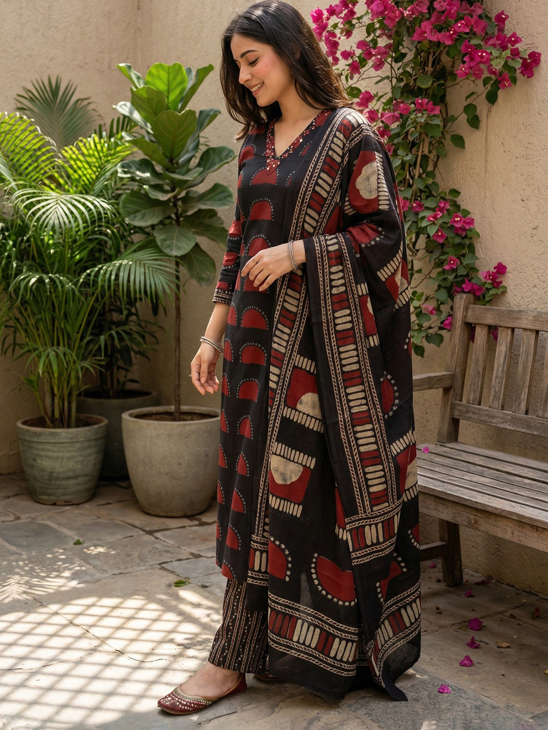 Black Cotton Blend Embroidered Straight Suit Set