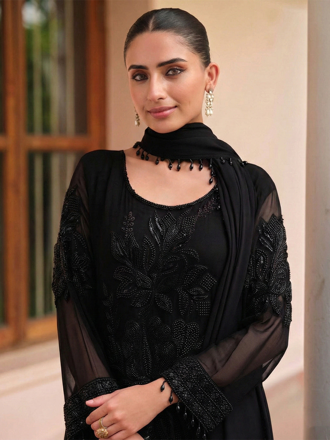 Embroidered Georgette Kurti With Pant &amp; Dupatta