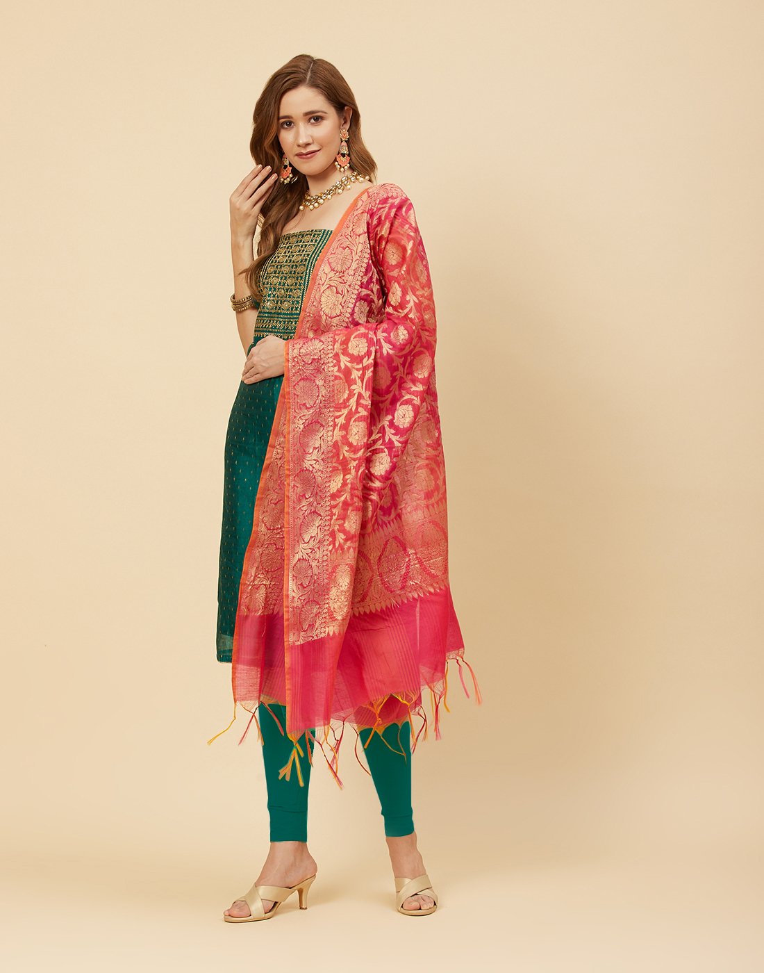 Embroidered Chanderi Suit Piece With Banarasi Dupatta