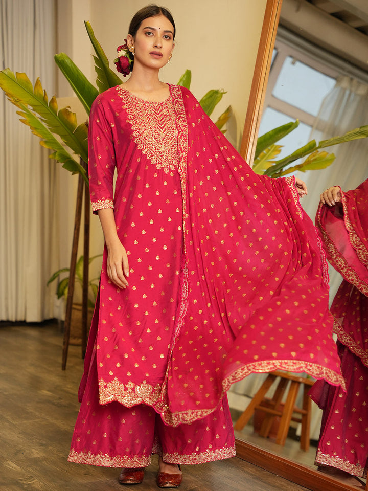 Neck Embroidered Chanderi Kurta With Garara &amp; Dupatta