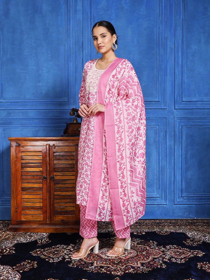 Printed Cotton Blend Kurta With Pants &amp; Dupatta