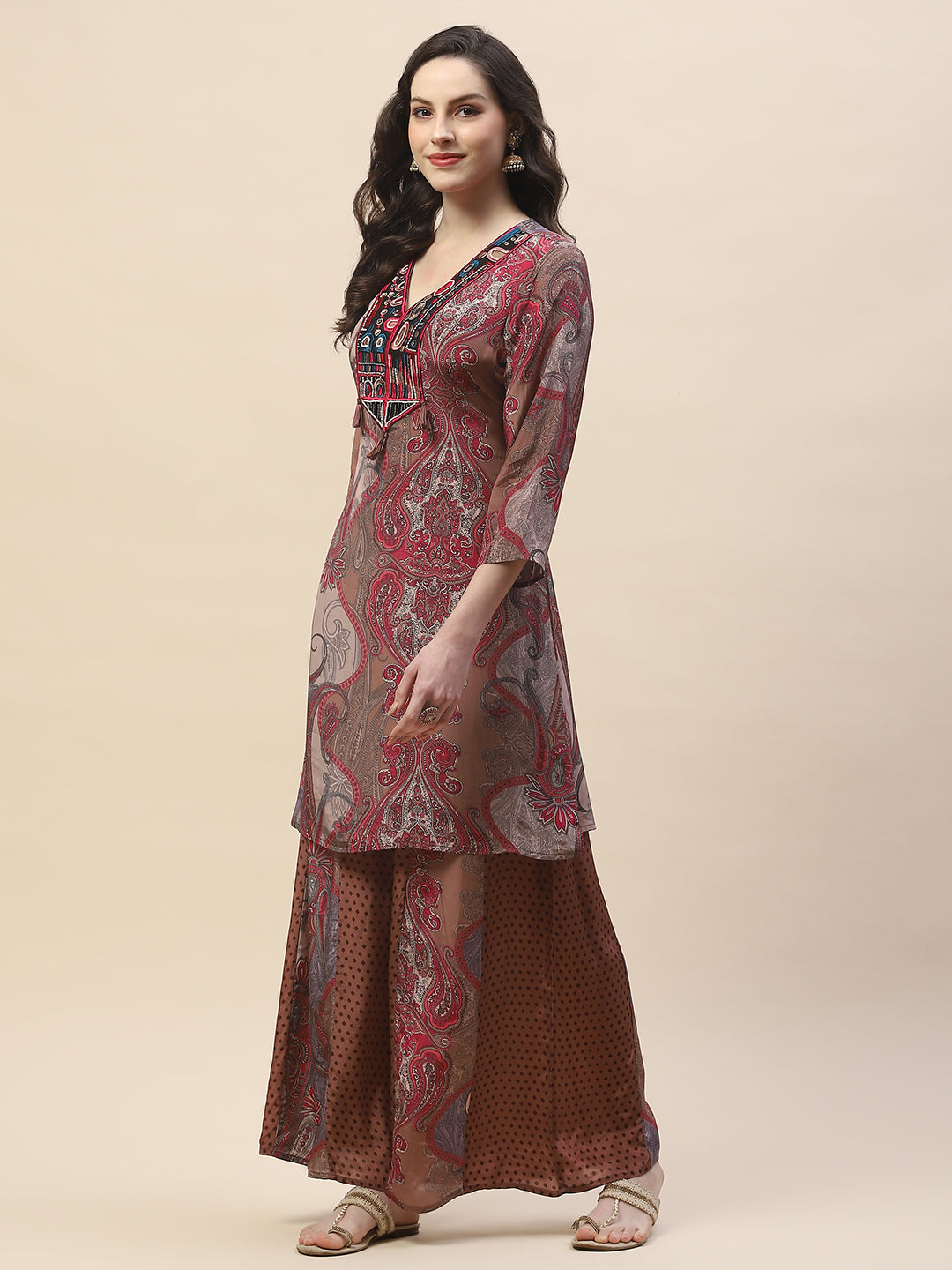 Neck Patti Crepe Kurta With Palazzo
