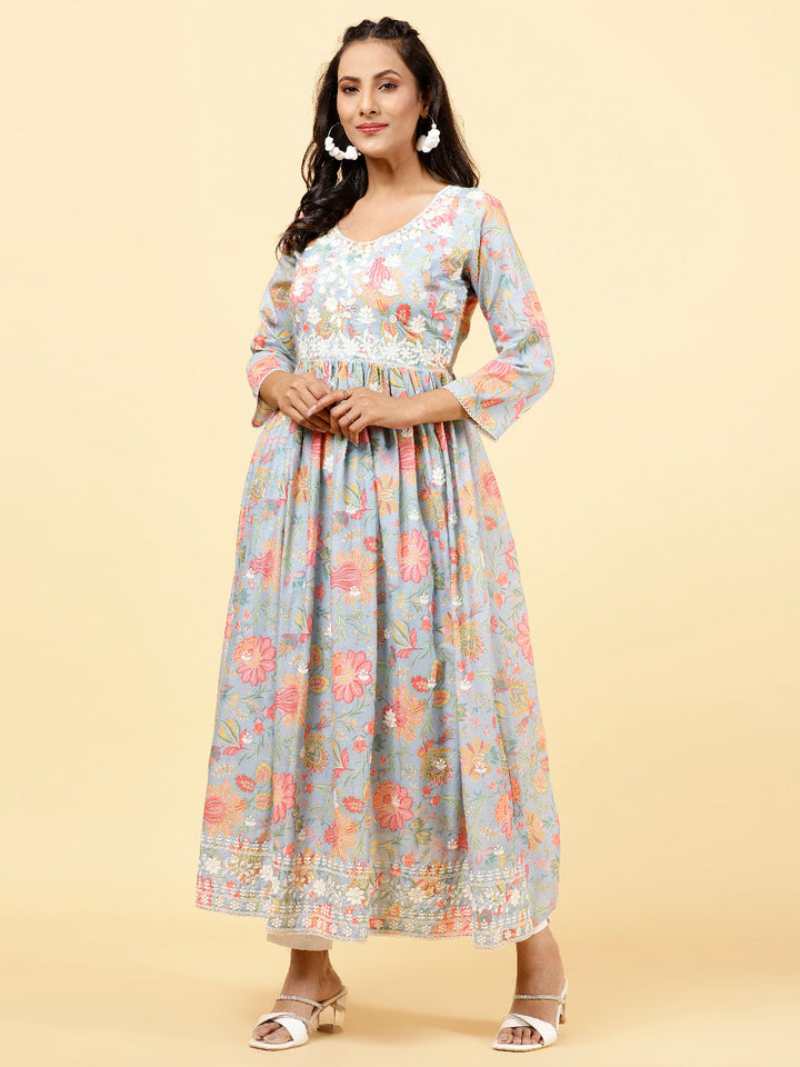 Floral Printed &amp; Neck Embroidered Cotton Kurta